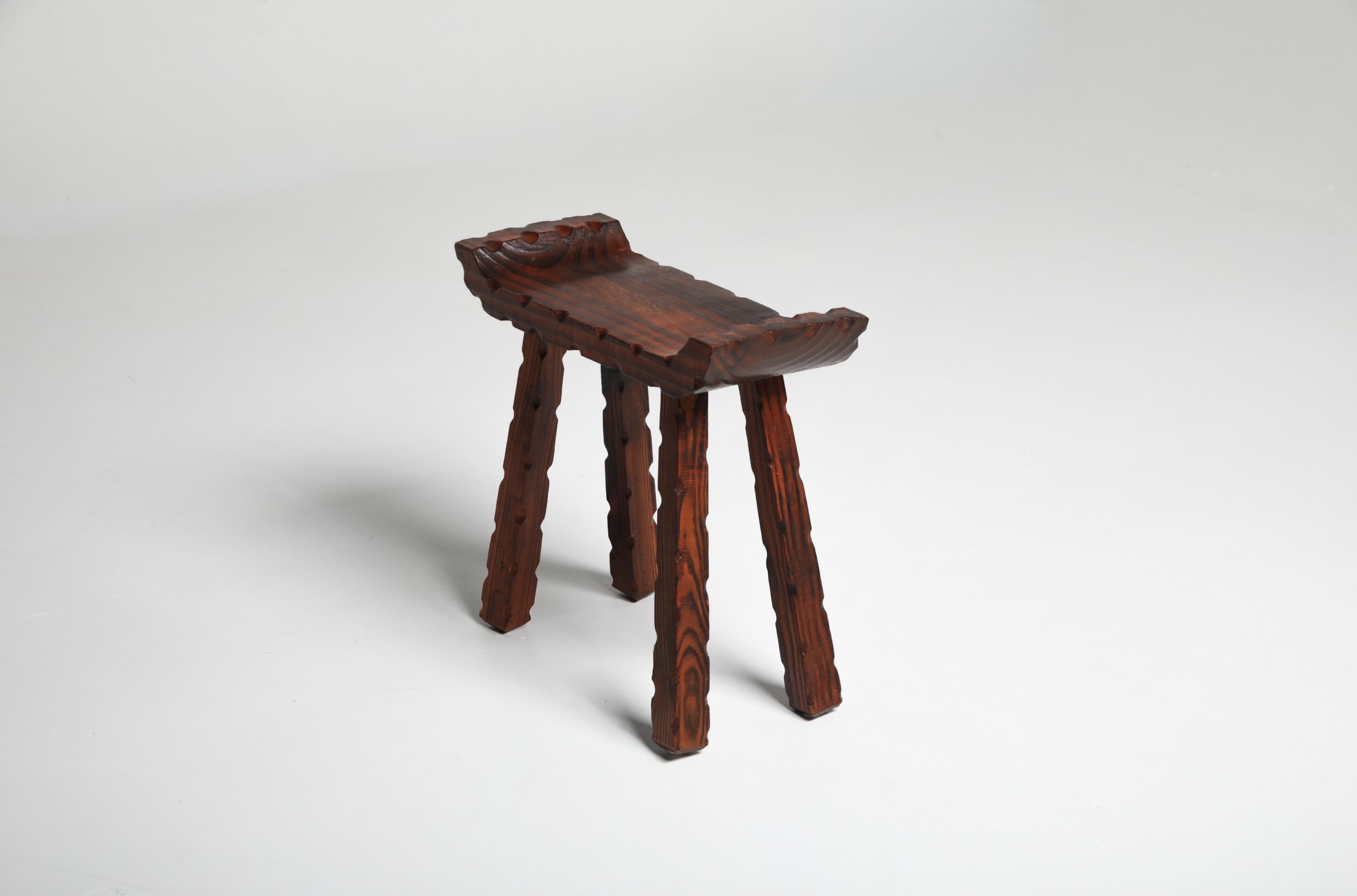 Swedish Pine Stool, Brutalist Rustic Design, 1960s