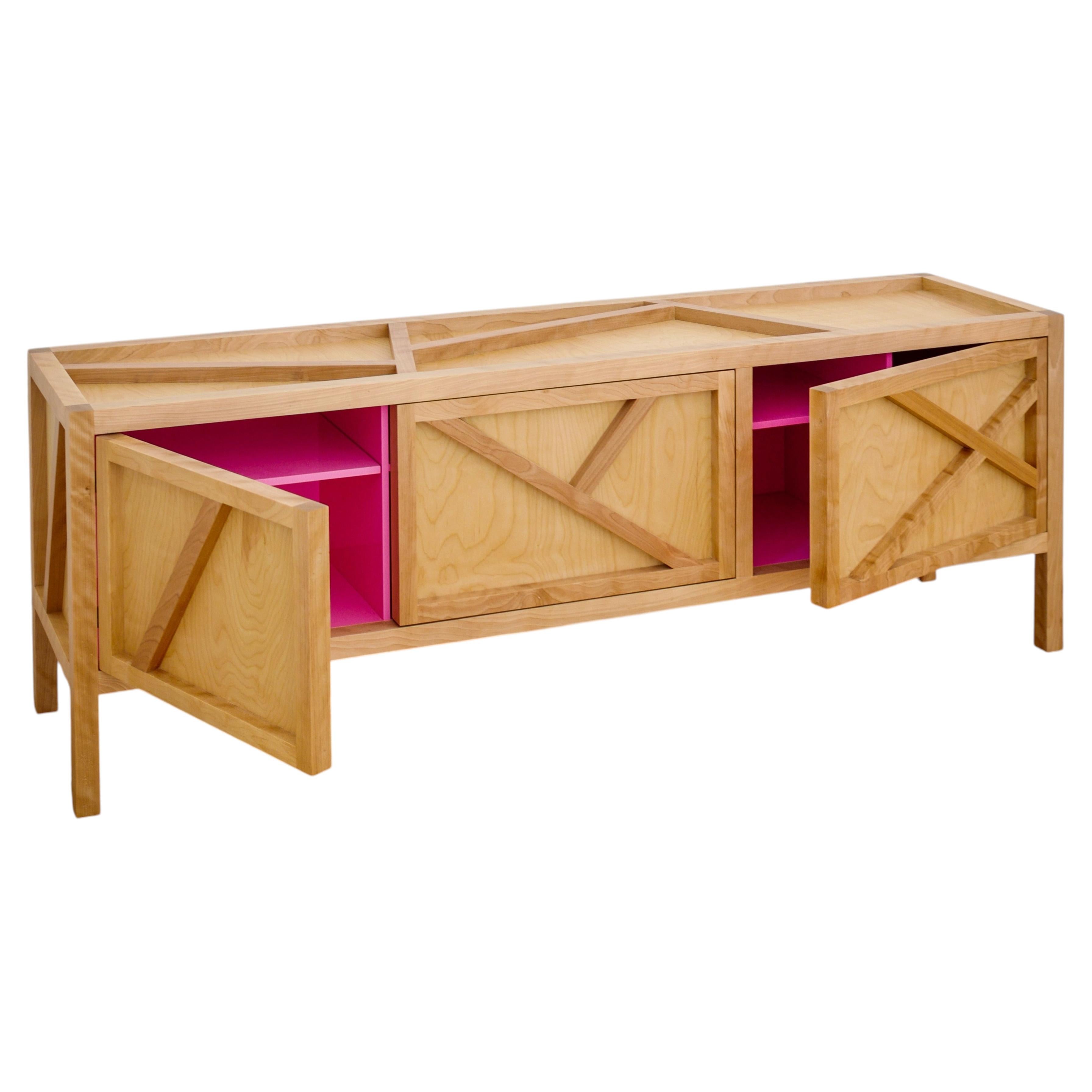 Wide Birch Credenza with Pink Lacquer Interior — Low Modern Sideboard, Handmade For Sale
