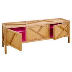 Wide Birch Credenza with Pink Lacquer Interior — Low Modern Sideboard, Handmade