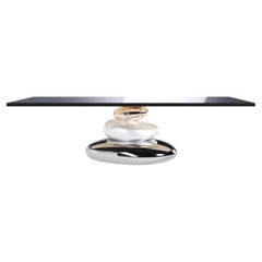Pebble Dining Table Wood Top by Gaea Craft: Hand-Crafted Bronze table base