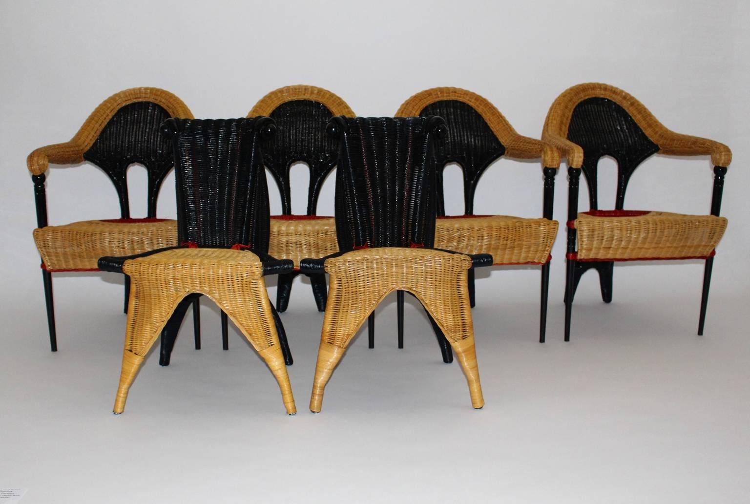 Postmodern vintage six piece set - dining chairs from rattan by Borek Sipek Czeck Republic 1988.
A great, very rare and comfortable wicker seating set, which includes four armchairs model Liba and two chairs model Helena.
These high-quality dining