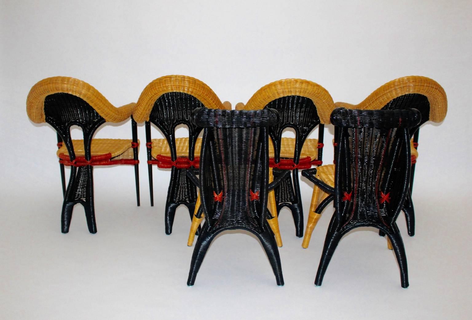 Lacquered Postmodern Vintage Rattan Six Dining Chairs by Borek Sipek Czech Republic 1988  For Sale