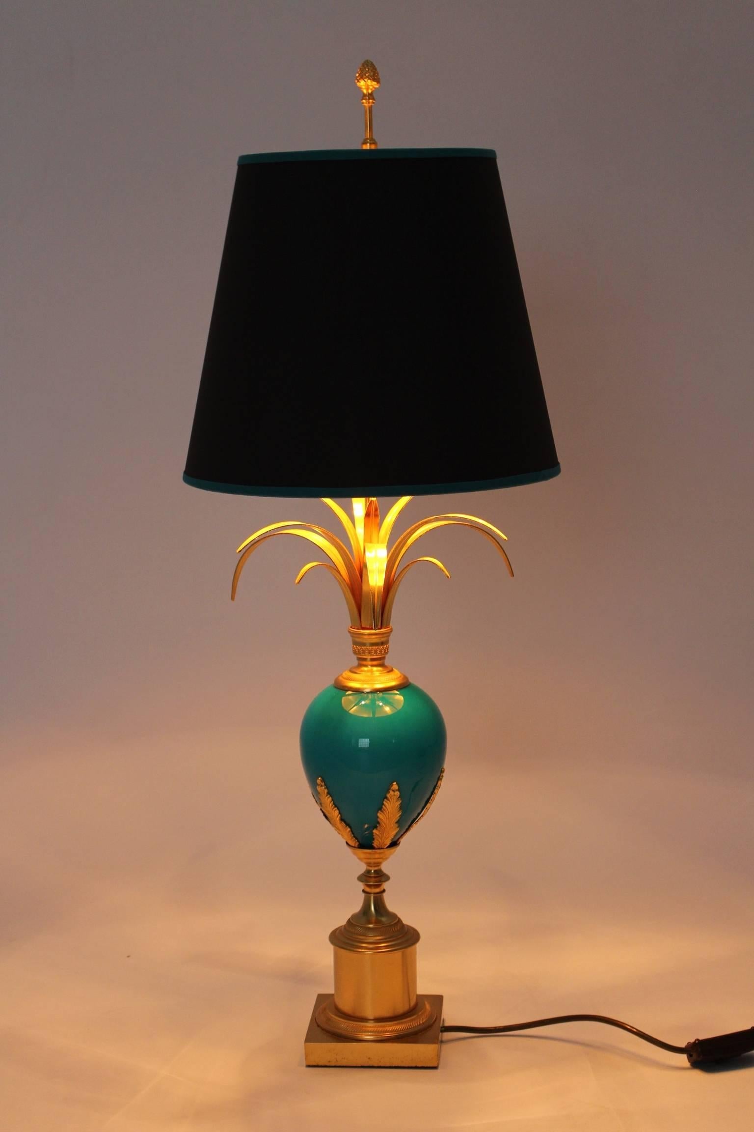 Hollywood Regency Blue and Golden French Vintage Table Lamp in the Style of Maison Charles 1970s