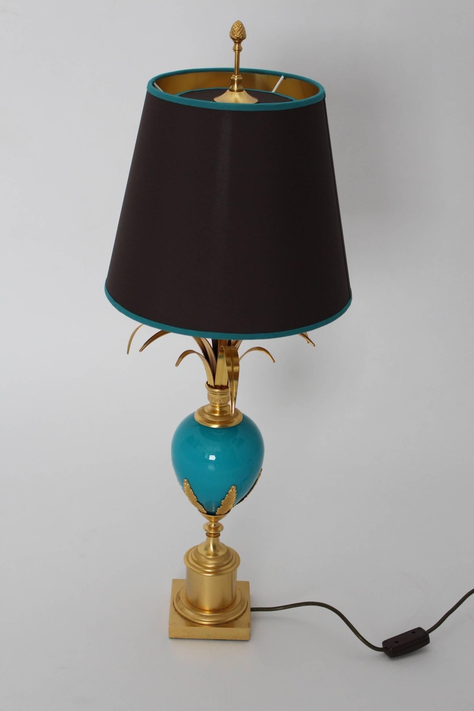 Brass Blue and Golden French Vintage Table Lamp in the Style of Maison Charles 1970s