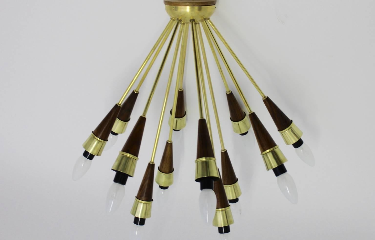 Mid Century Modern Sputnik Flush Mount similar to Stilnovo, which was designed Italy 1950s.  
The material is brass and solid walnut. 
Measurements: Diameter 23.62 in (60 cm)
                          Height: 23.62 in (60cm)
12 sockets E 14 
All