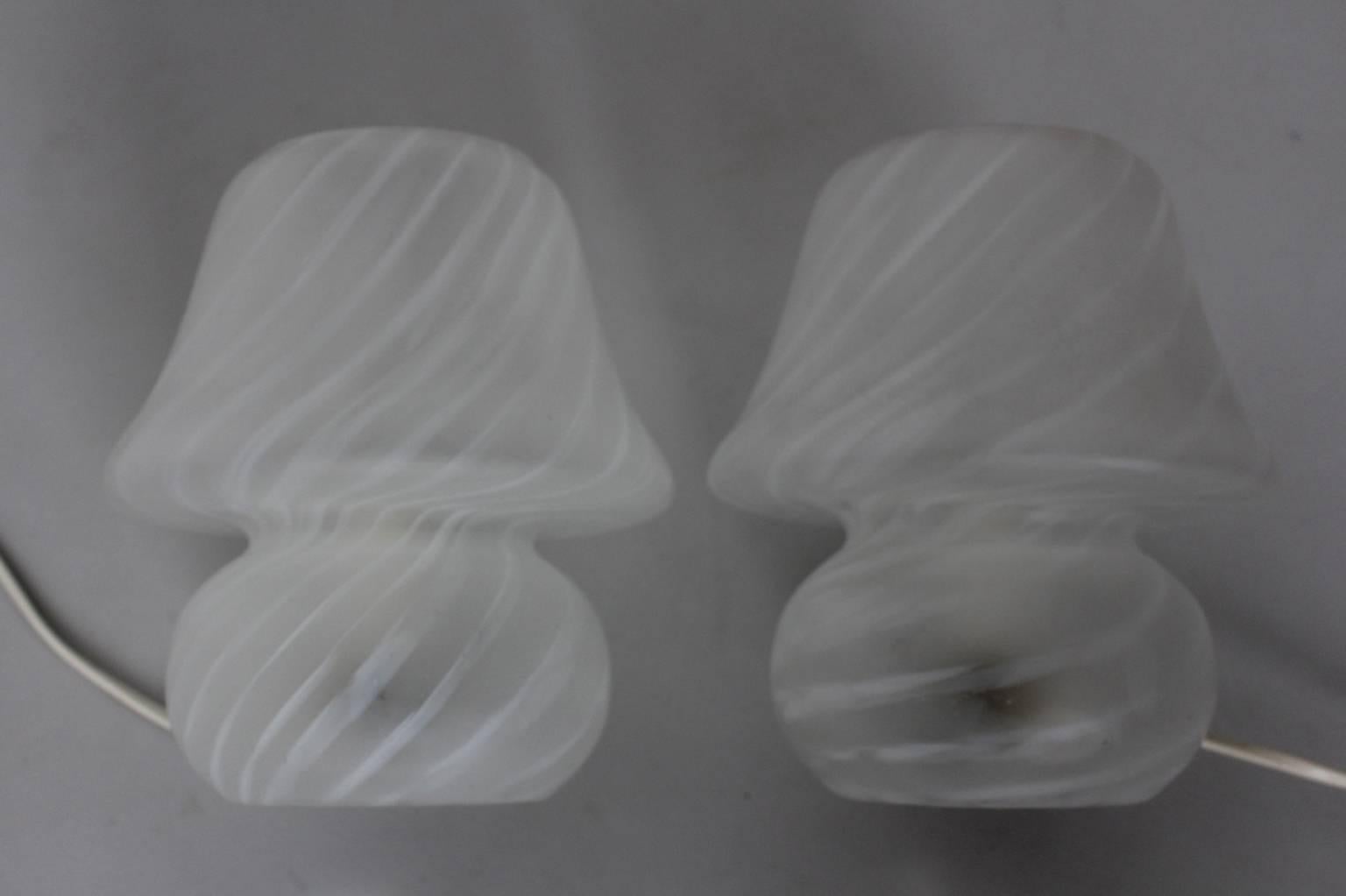 Mid-20th Century Mid Century Modern White Glass Vintage Murano Mushroom Table Lamps 1960s