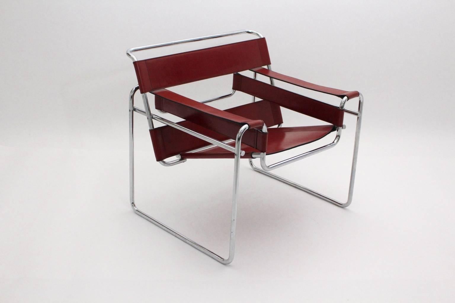 European Bauhaus Red Vintage Leather Metal B 3 Wassily Lounge Chair by Marcel Breuer 1925