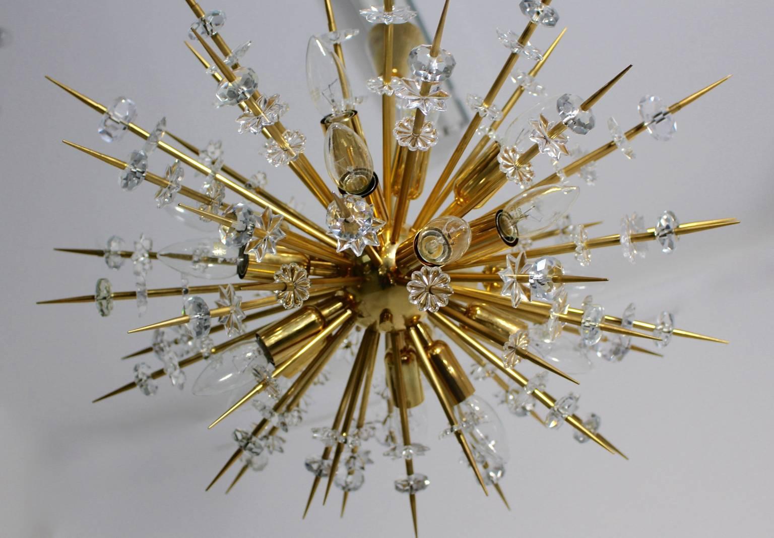 Crystal  Mid Century Modern Vintage Glass Brass Chandelier Miracoloso Bakalowits 1972  For Sale
