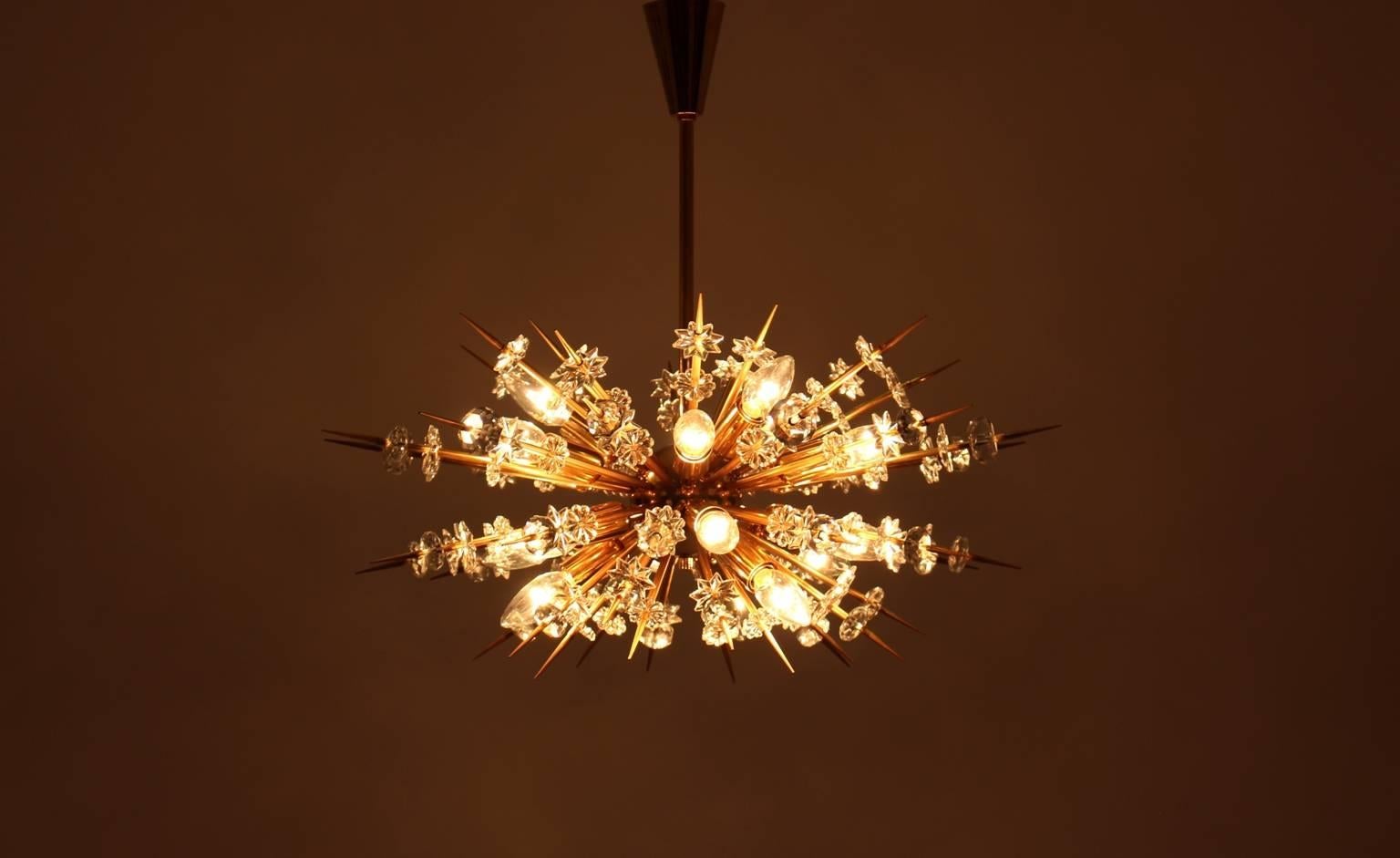 Plated  Mid Century Modern Vintage Glass Brass Chandelier Miracoloso Bakalowits 1972  For Sale