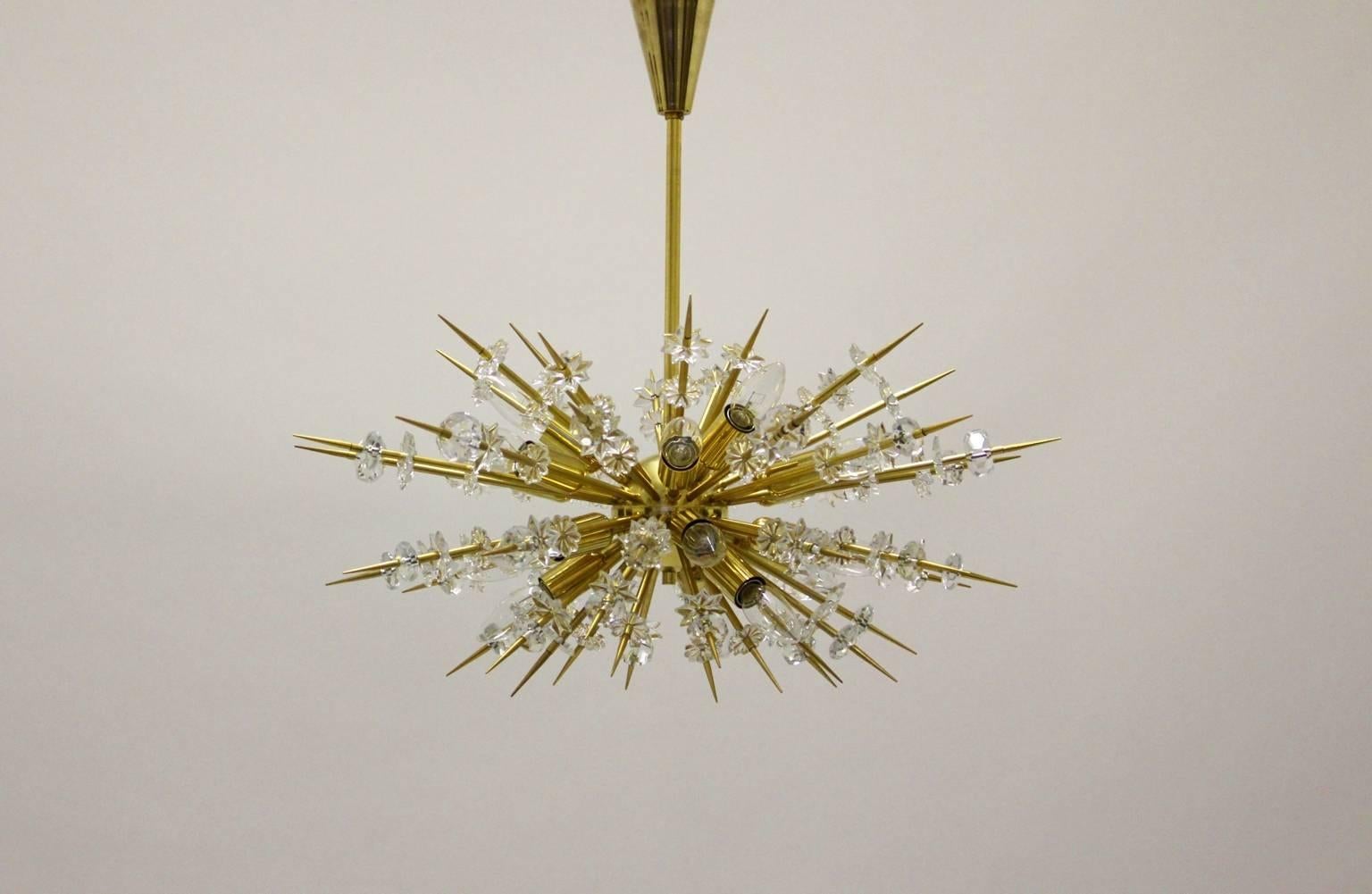 Late 20th Century  Mid Century Modern Vintage Glass Brass Chandelier Miracoloso Bakalowits 1972  For Sale