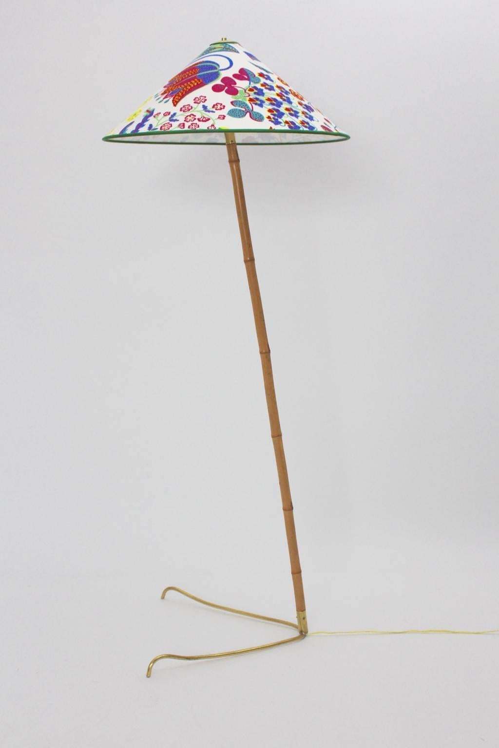 Austrian Mid Century Modern Bamboo Brass Vintage Kalmar Floor Lamp Josef Frank Fabric  For Sale