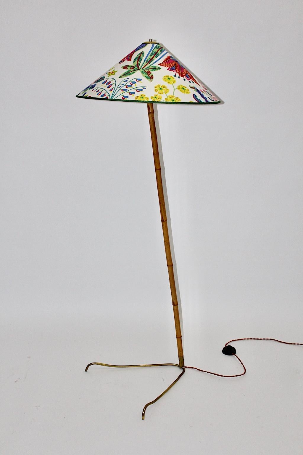 Mid Century Modern Bamboo Brass Vintage Kalmar Floor Lamp Josef Frank Fabric  For Sale 4