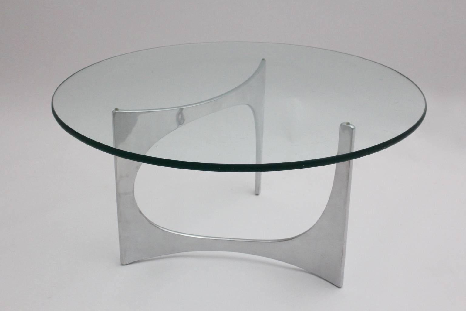 German Space Age Silver Aluminum Glass Vintage Coffee Table by Knut Hesterberg c 1970 For Sale