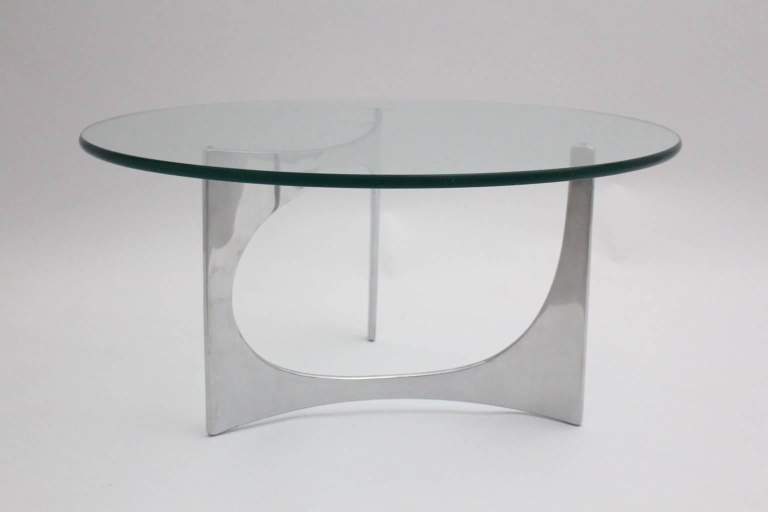 Space Age Silver Aluminum Glass Vintage Coffee Table by Knut Hesterberg c 1970 In Good Condition For Sale In Vienna, AT