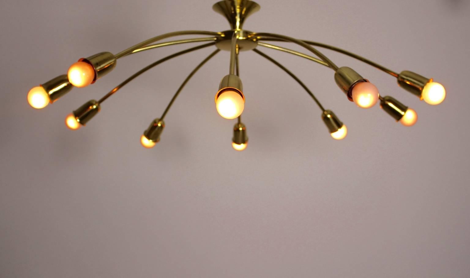 Mid Century Modern Brass J. T. Kalmar Sunburst Vintage Flush Mount Vienna, 1950s For Sale 1