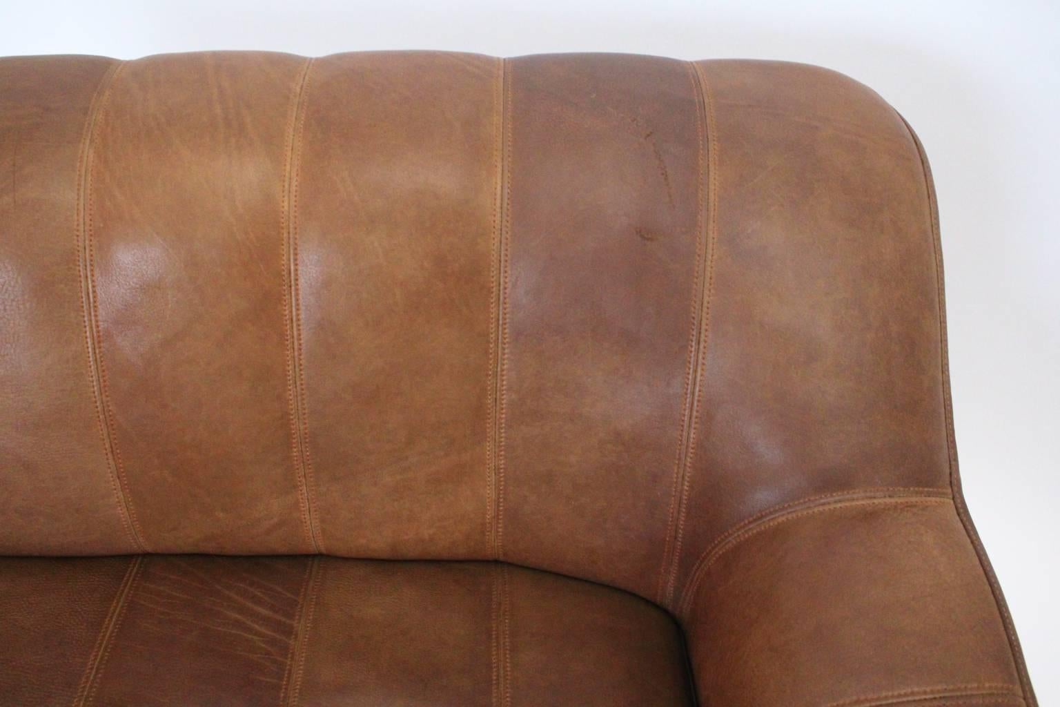 Mid Century Modern Vintage De Sede Cognac Leather Loveseat c 1970, Switzerland 1