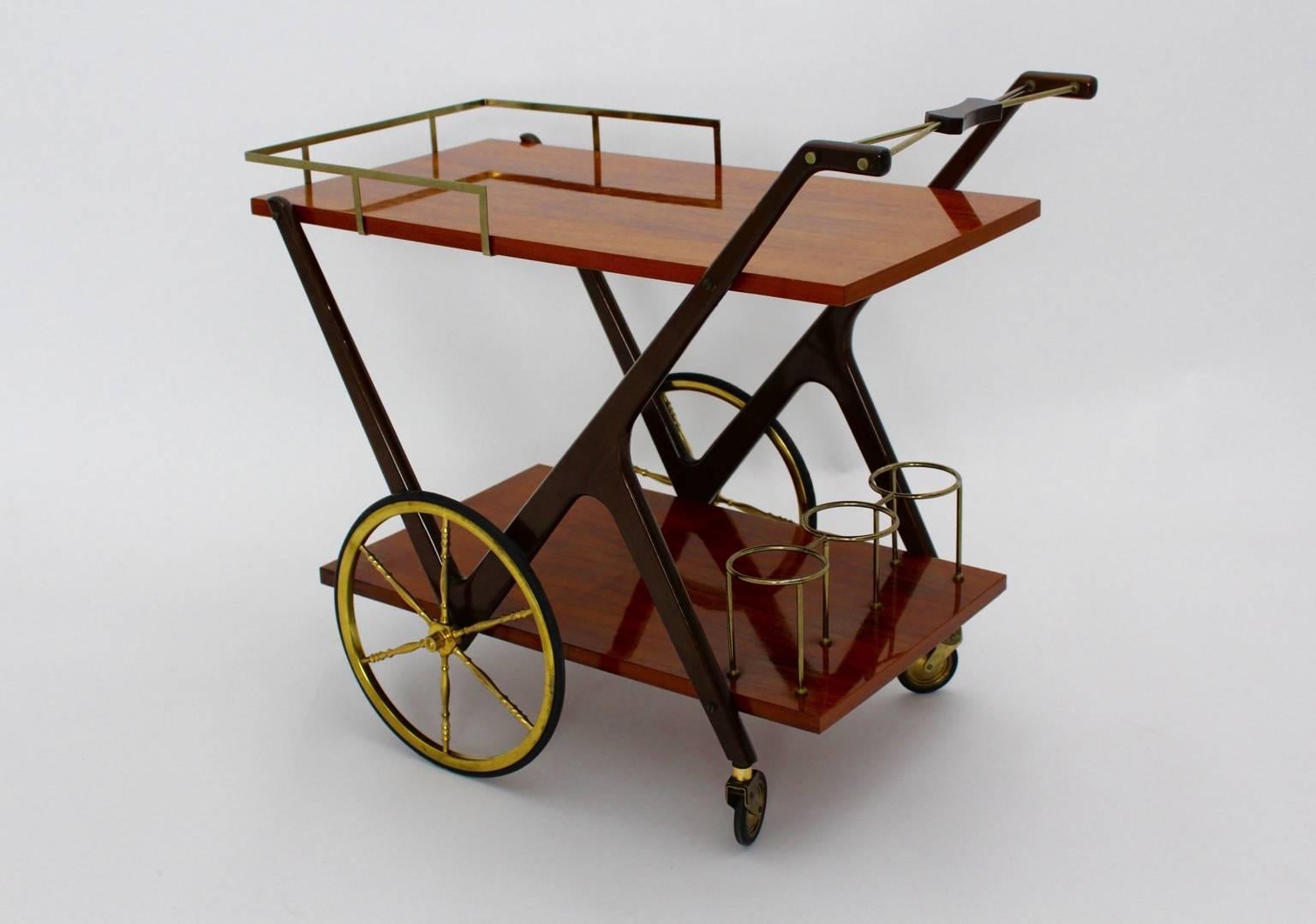 Lacquered Mid Century Modern Vintage Cesare Lacca Bar Cart Italy 1950s Walnut Brass Wood