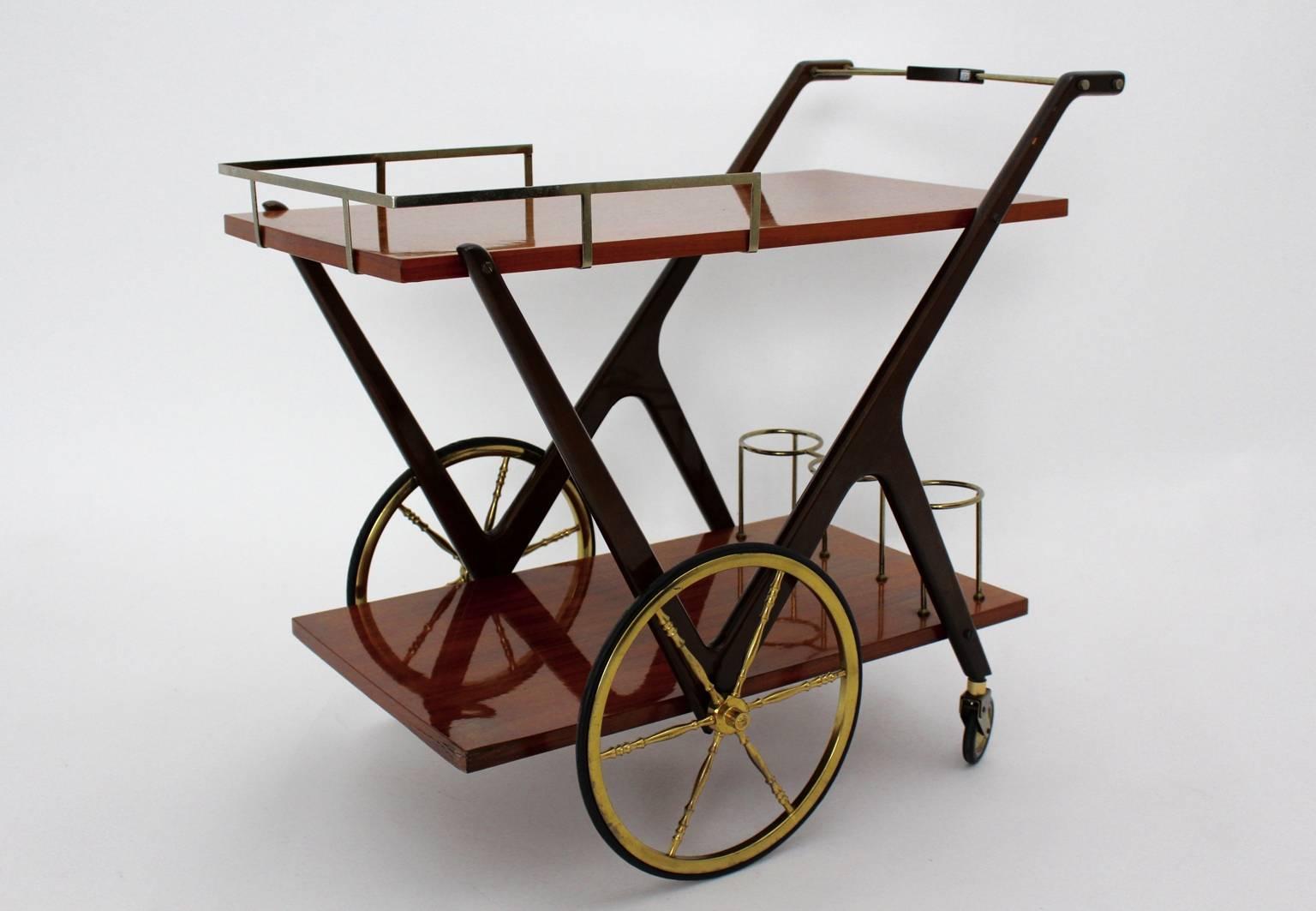 Mid Century Modern Vintage Cesare Lacca Bar Cart Italy 1950s Walnut Brass Wood 1