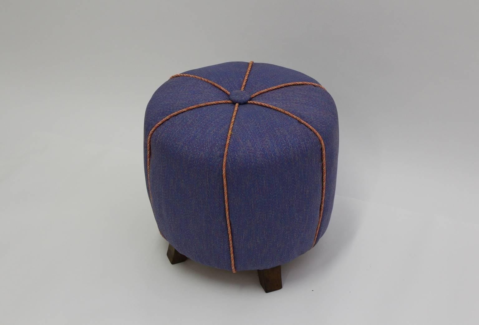 Art Deco Vintage Beech Blue Fabric Pouf Stool Austria 1930s In Good Condition For Sale In Vienna, AT