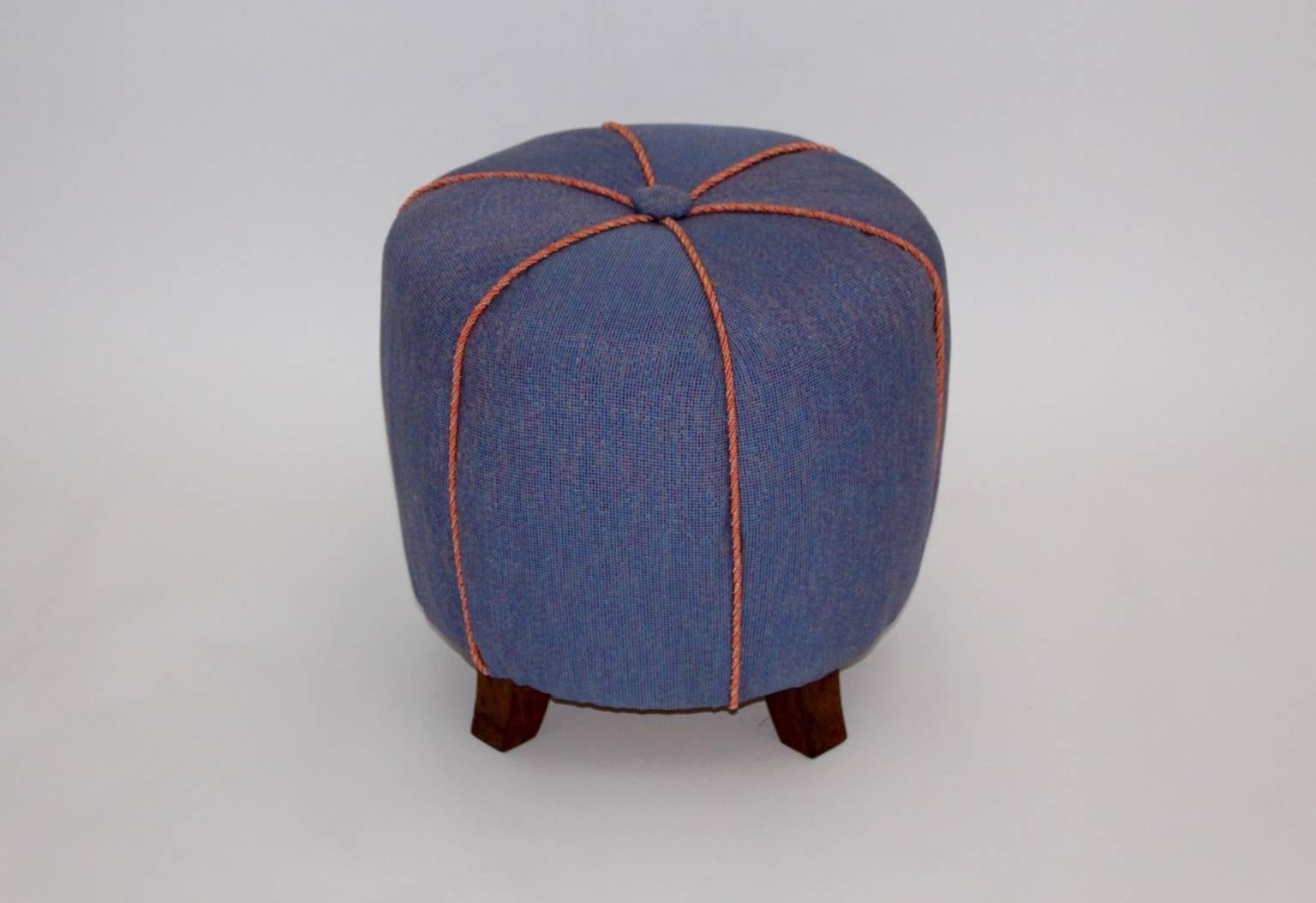 Mid-20th Century Art Deco Vintage Beech Blue Fabric Pouf Stool Austria 1930s For Sale