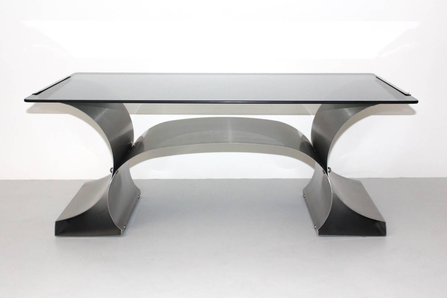 French Mid Century Modern Vintage Steel Coffee Table by Francois Monnet, circa 1970