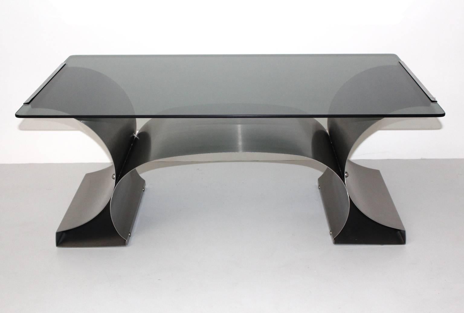 Brushed Mid Century Modern Vintage Steel Coffee Table by Francois Monnet, circa 1970