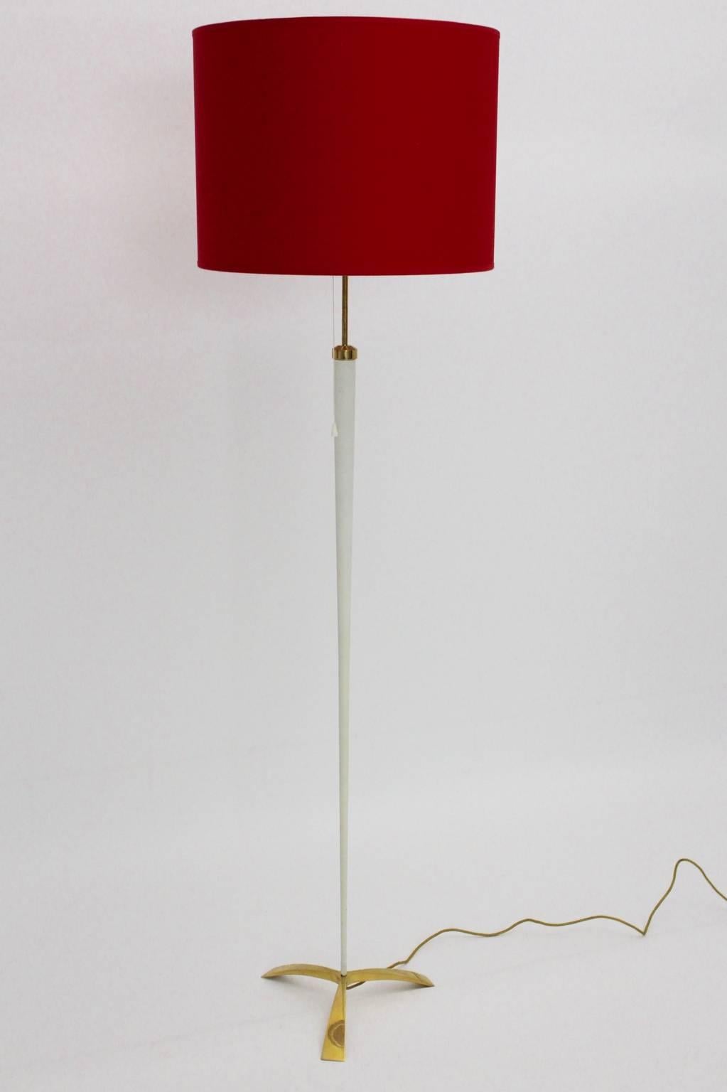 Mid-Century Modern Red White Brass Vintage Mid Century Modern Floor Lamp by Kalmar, Vienna, 1950s For Sale