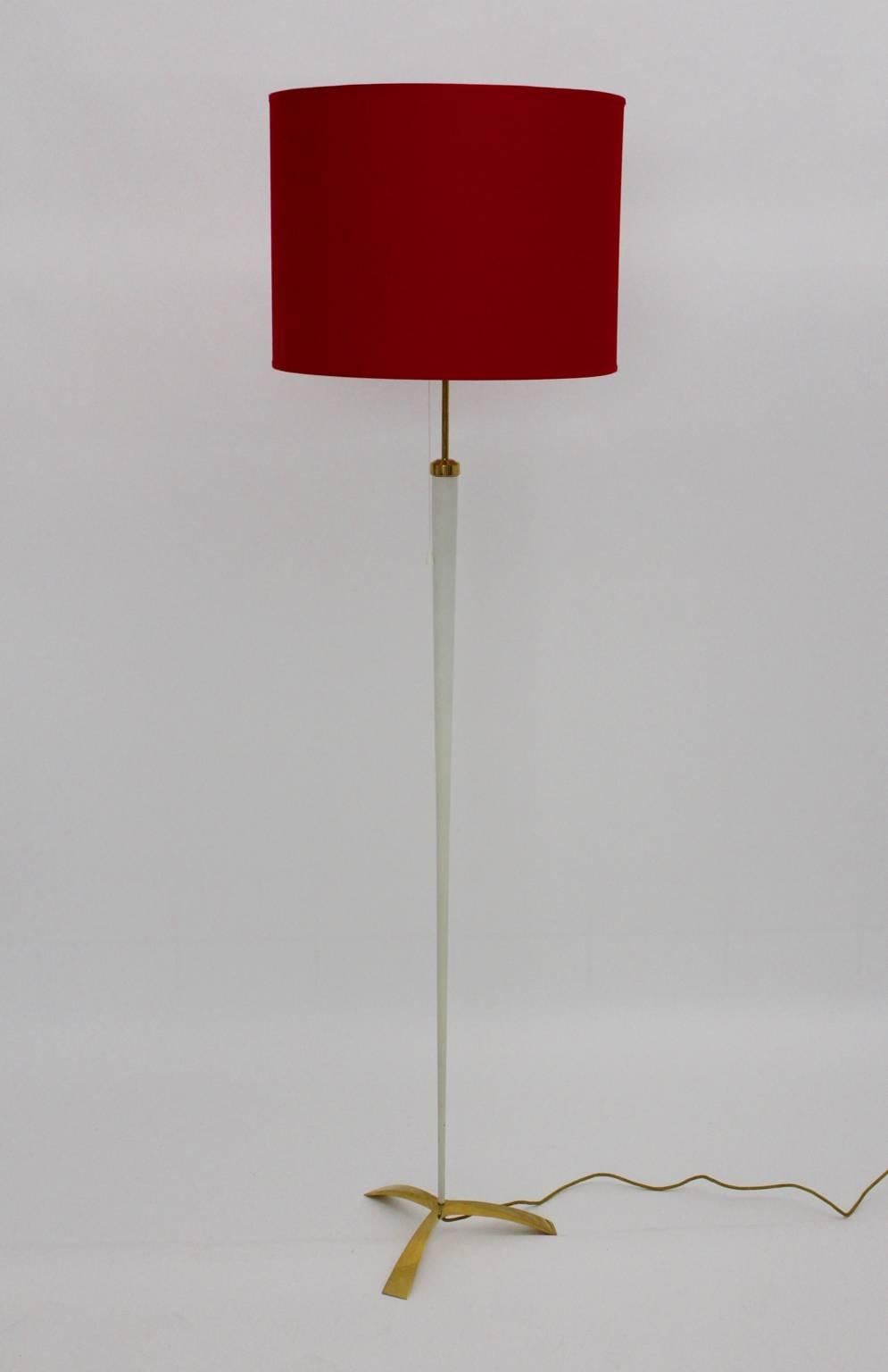 Austrian Red White Brass Vintage Mid Century Modern Floor Lamp by Kalmar, Vienna, 1950s For Sale
