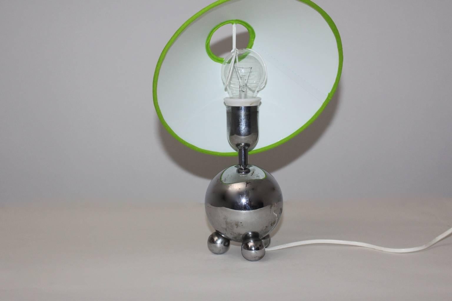 French Mid Century Modern Vintage Chromed Table Lamp with Green Shade France circa 1950 For Sale