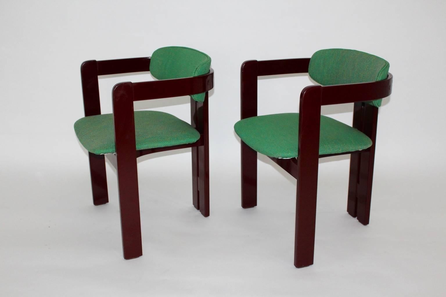 Mid-Century Modern Italian Set of Two Beech Red Vintage Dining Chairs 1970s