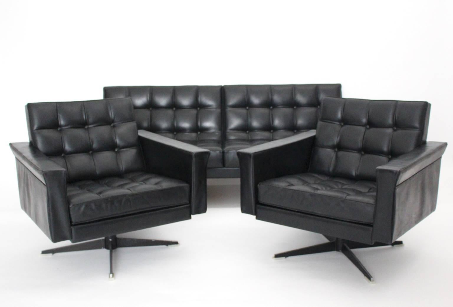 Mid Century Modern Black Vintage Leather Armchairs Johannes Spalt Vienna c1960 4