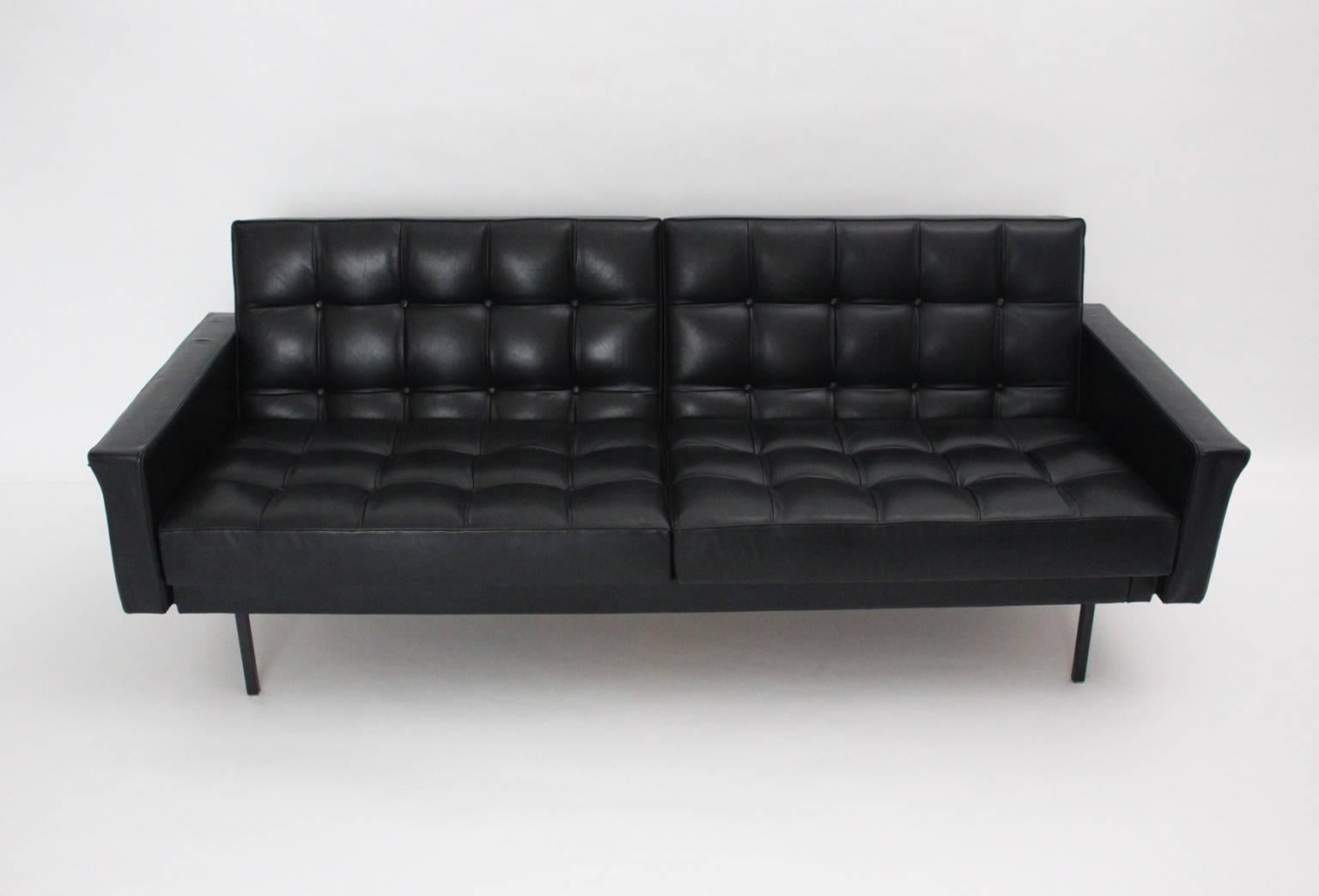 Austrian Mid Century Modern Black Vintage Leather Sofa Bench Johannes Spalt Vienna c 1960 For Sale
