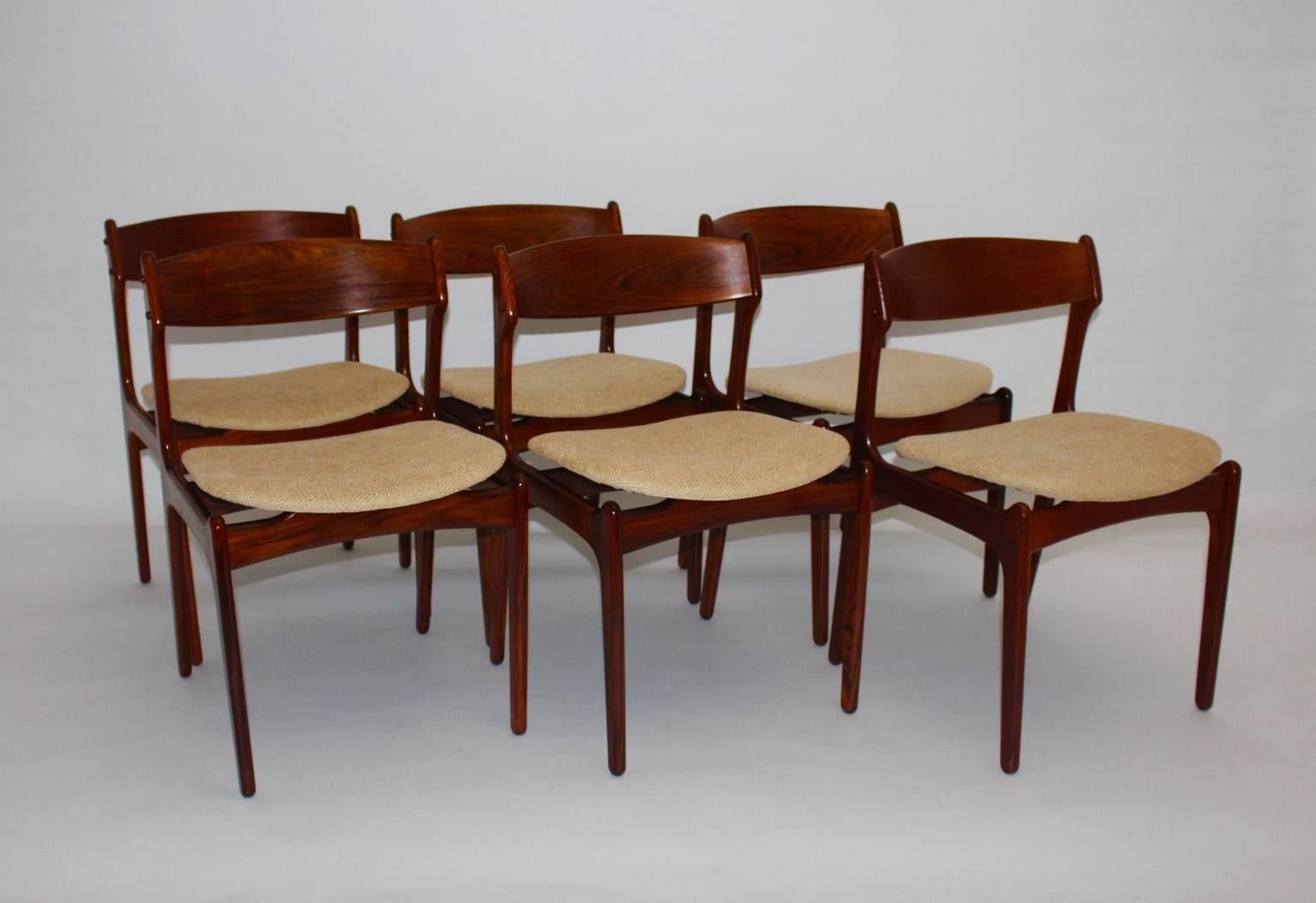 Fabric Scandinavian Modern Vintage Six Teak Dining Chairs Erik Buck, 1967, Denmark