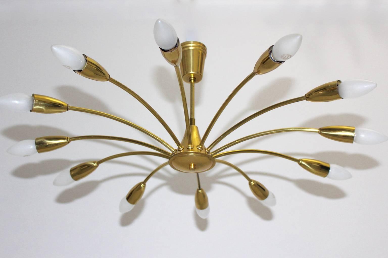 Austrian Mid Century Modern Kalmar Sunburst Brass Vintage Flush Mount, 1950s, Vienna For Sale