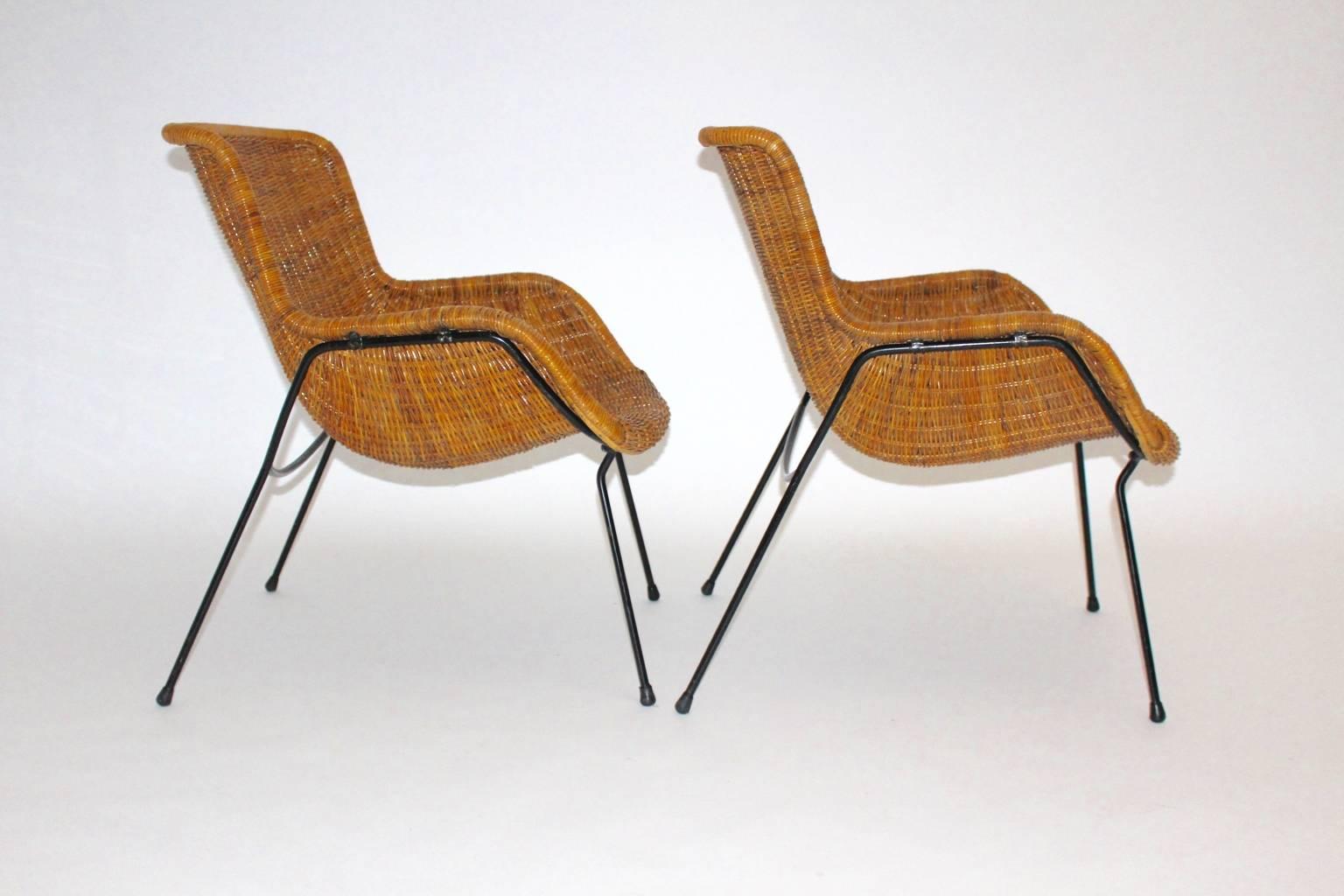 Mid Century Modern Vintage Brown Wicker Armchairs, Italy, 1950s In Good Condition In Vienna, AT