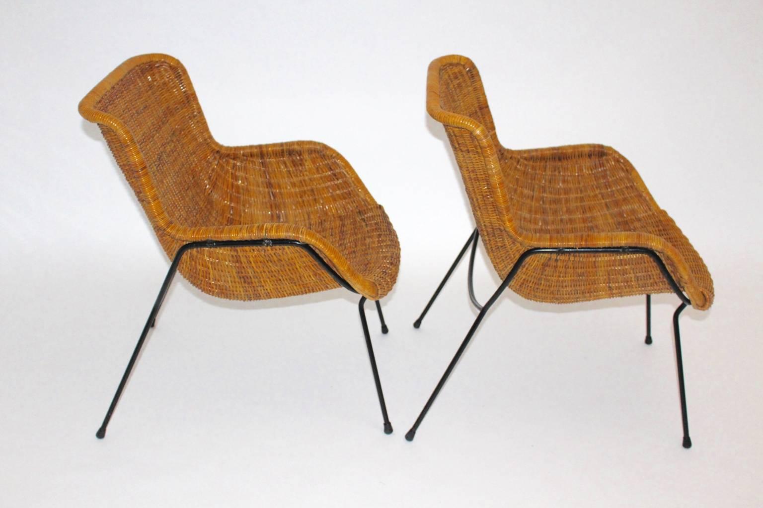20th Century Mid Century Modern Vintage Brown Wicker Armchairs, Italy, 1950s