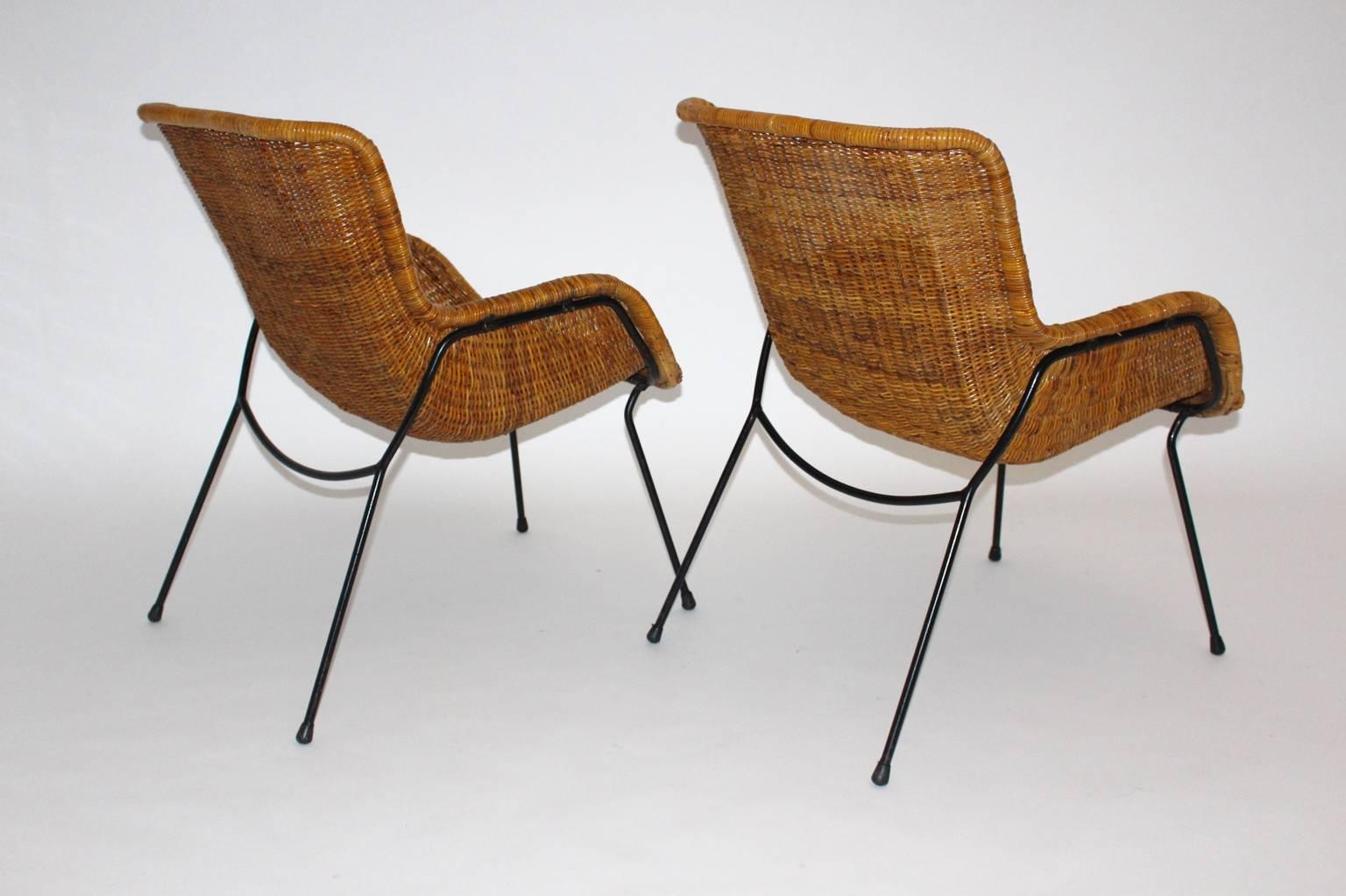 Steel Mid Century Modern Vintage Brown Wicker Armchairs, Italy, 1950s