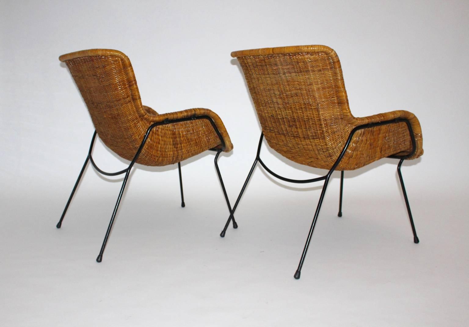 Mid Century Modern Vintage Brown Wicker Armchairs, Italy, 1950s 1