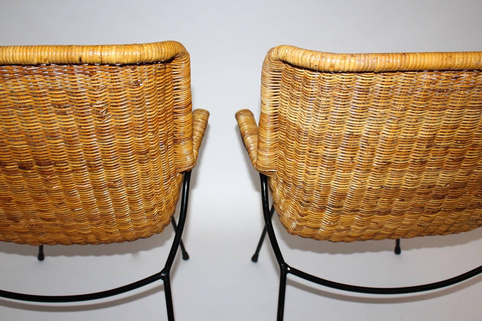 Mid Century Modern Vintage Brown Wicker Armchairs, Italy, 1950s 2