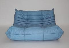 Modernist Blue Vintage Leather Sofa Togo Ligne Roset Michel Ducaroy 1970s France