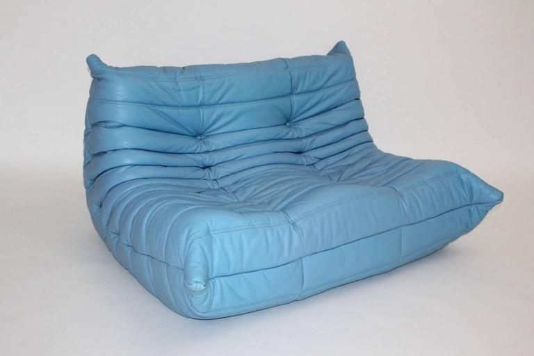 Modernist Blue Vintage Leather Sofa Togo Ligne Roset Michel Ducaroy 1970s France