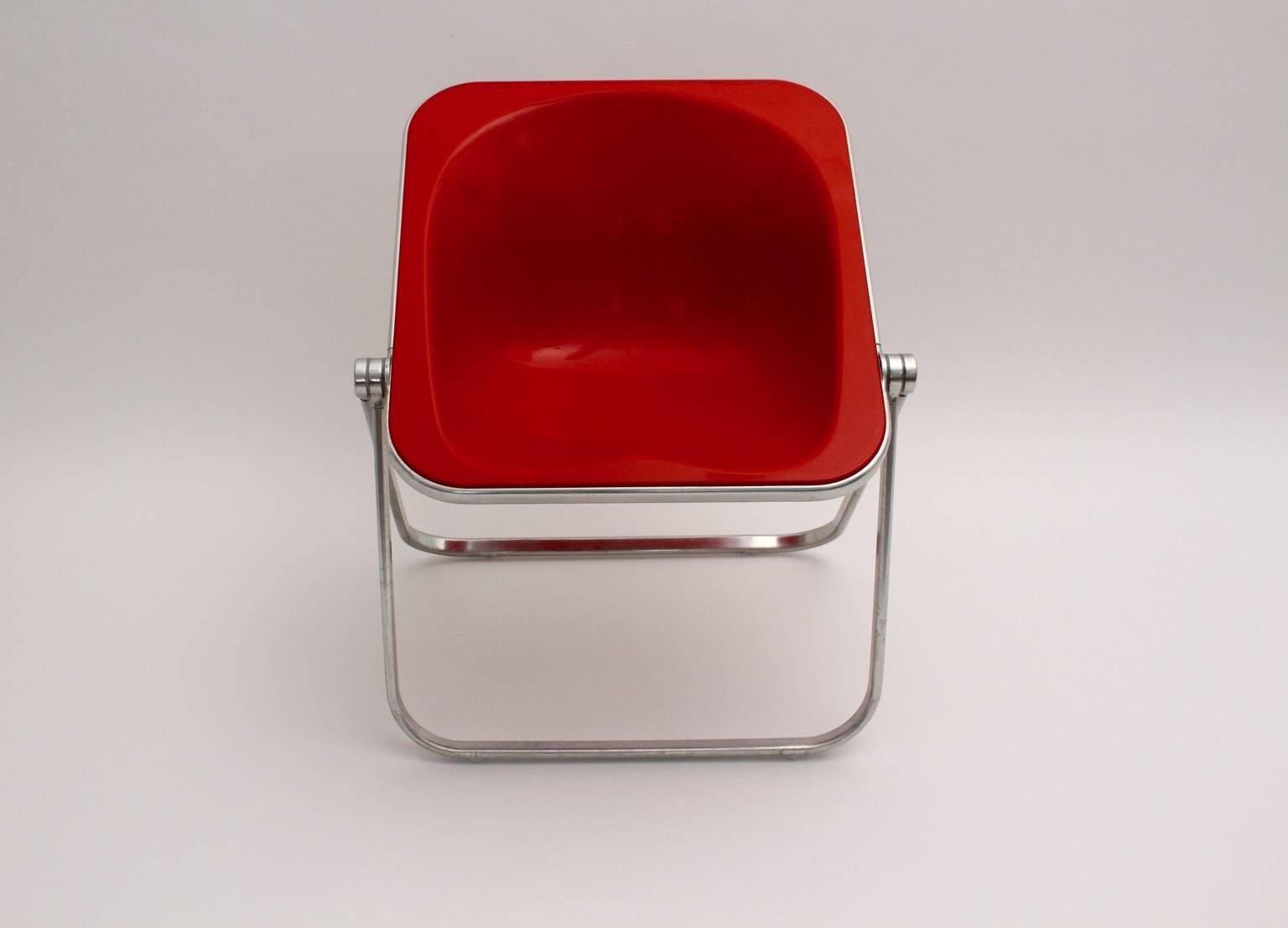 Italian Giancarlo Piretti Space Age Red Plastic Vintage Armchair Plona 1969, Italy For Sale