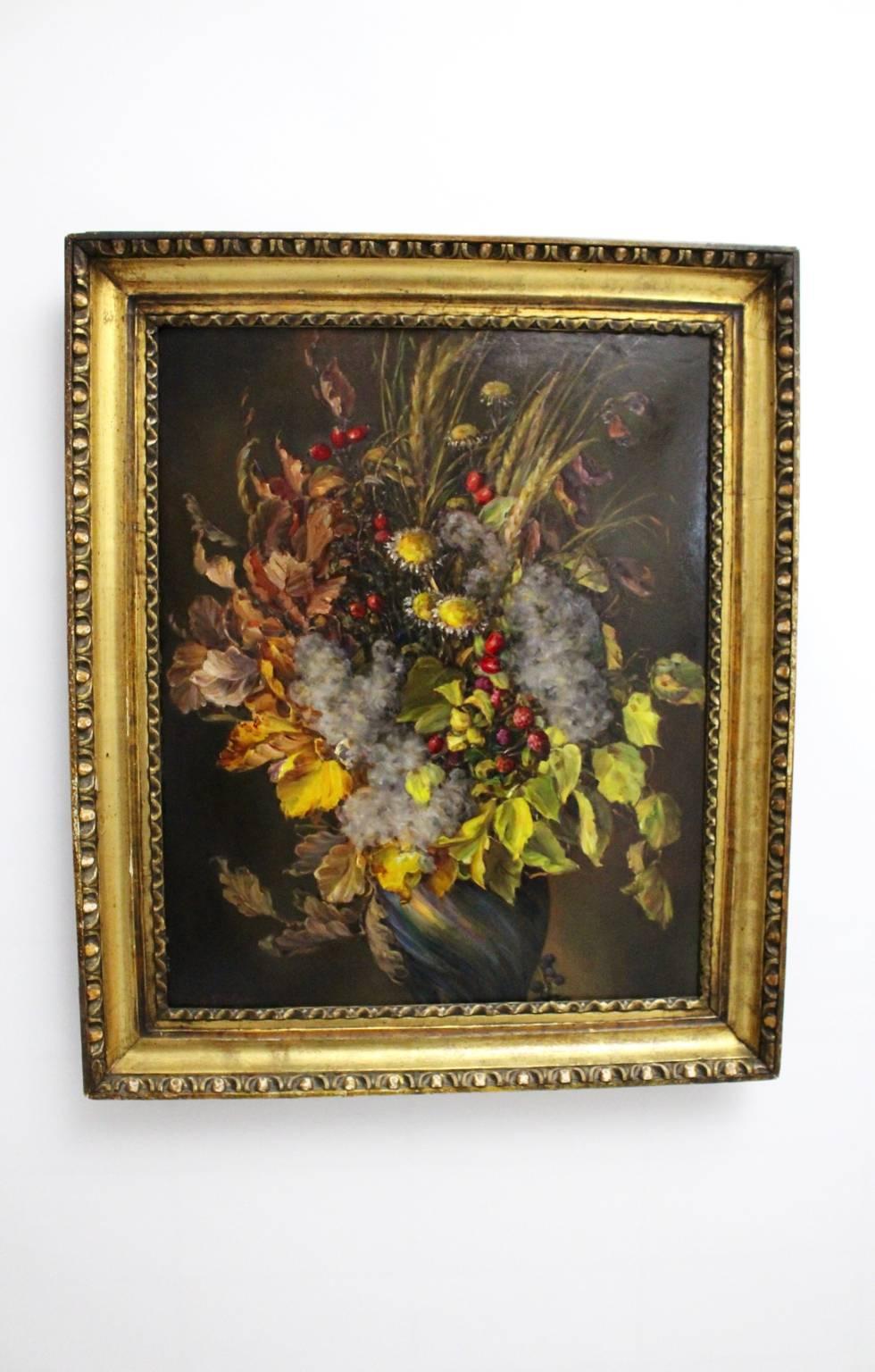 Art Deco Oil on carton painting by Emil Fiala (1869-1960) with the motif
 Autumn Leaves Bouquet signed, 1930.
 Emil Fiala provided an excellent understanding of transmitting the mood of the autumn time. He had many exhibitions and the membership of
