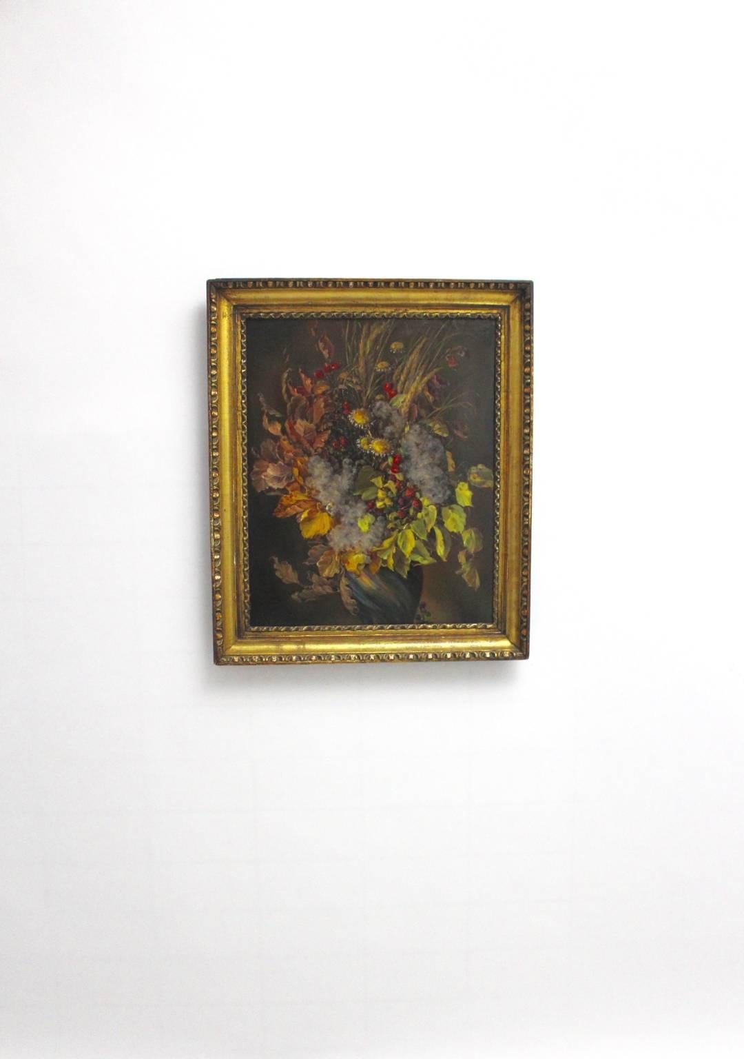 Wood Art Deco Painting Autumn Leaves Bouquet by Emil Fiala, Vienna, 1930s For Sale