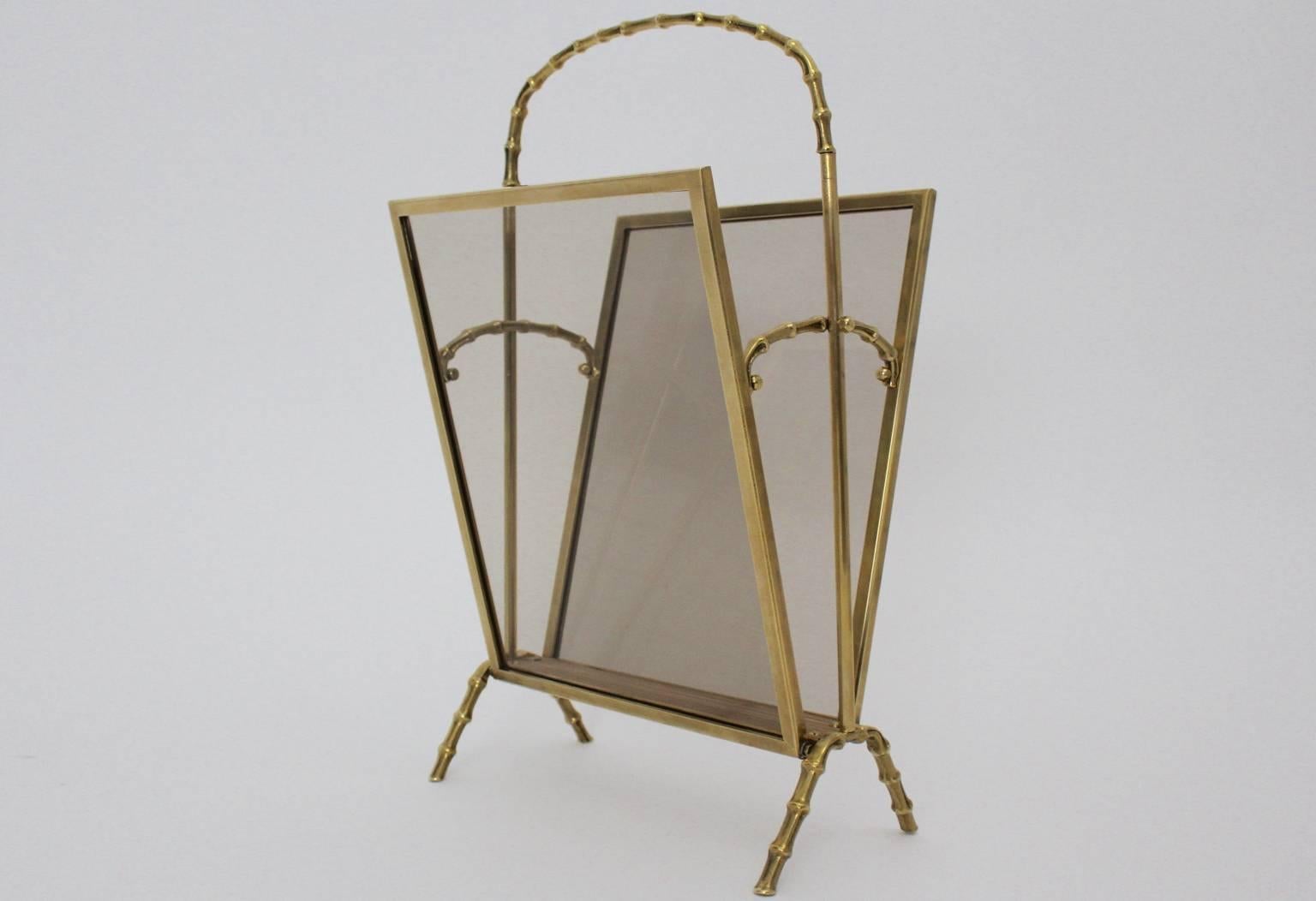 Mid-Century Modern Mid Century Modern Faux Bamboo Brass Magazine Rack Maison Bagues, France, 1940s  For Sale