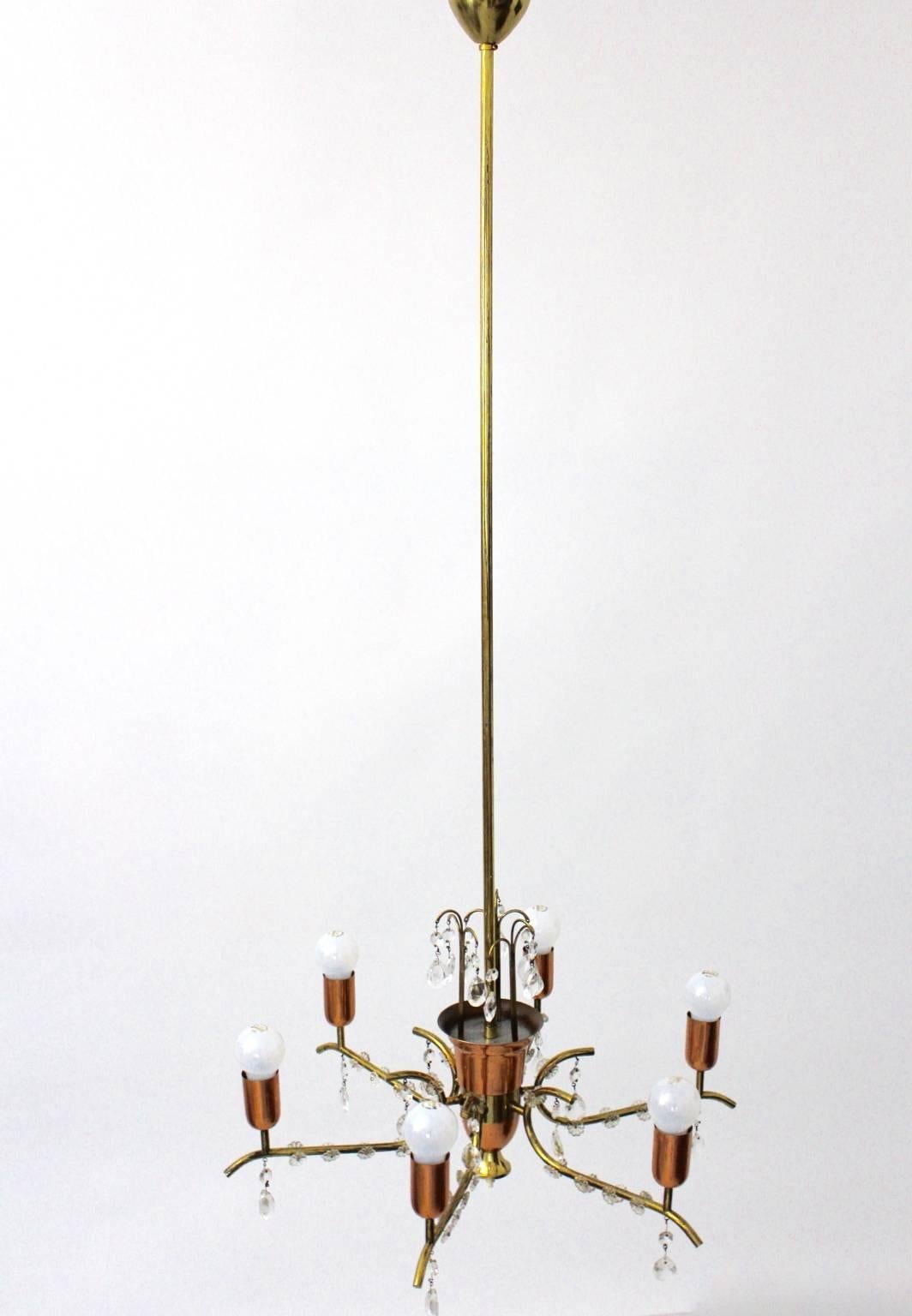 Austrian Mid Century Modern Brass Copper Crystal Chandelier by Rupert Nikoll Vienna 1950s For Sale