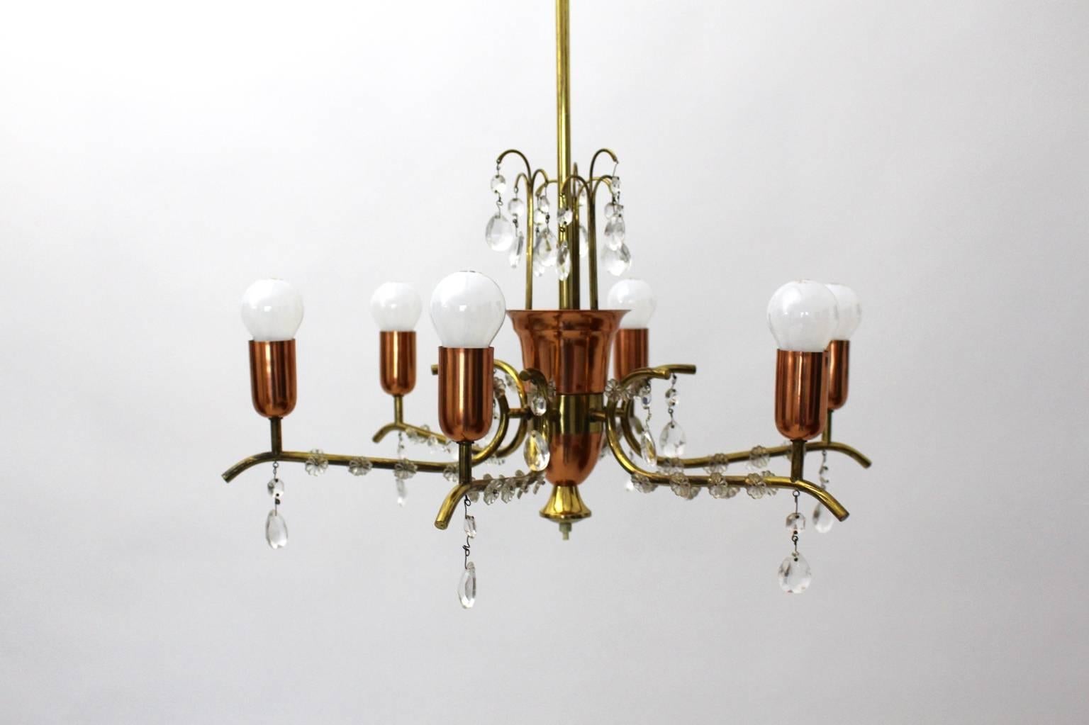 20th Century Mid Century Modern Brass Copper Crystal Chandelier by Rupert Nikoll Vienna 1950s For Sale