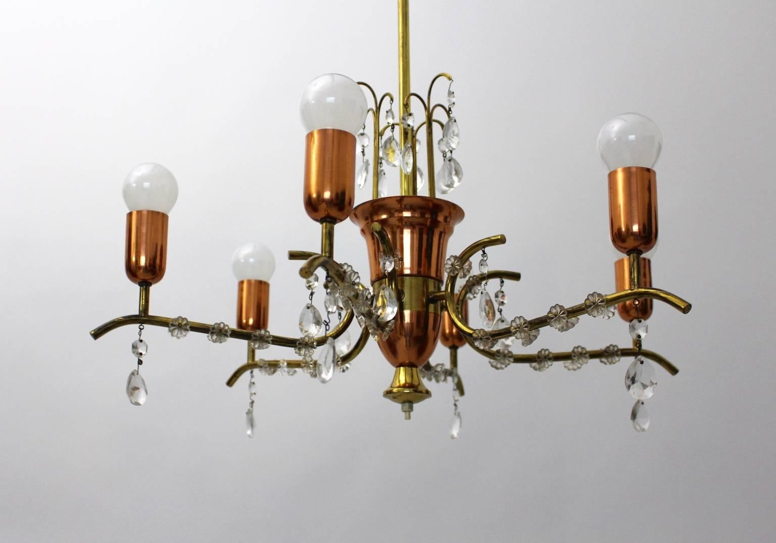 Mid Century Modern Brass Copper Crystal Chandelier by Rupert Nikoll Vienna 1950s For Sale 2