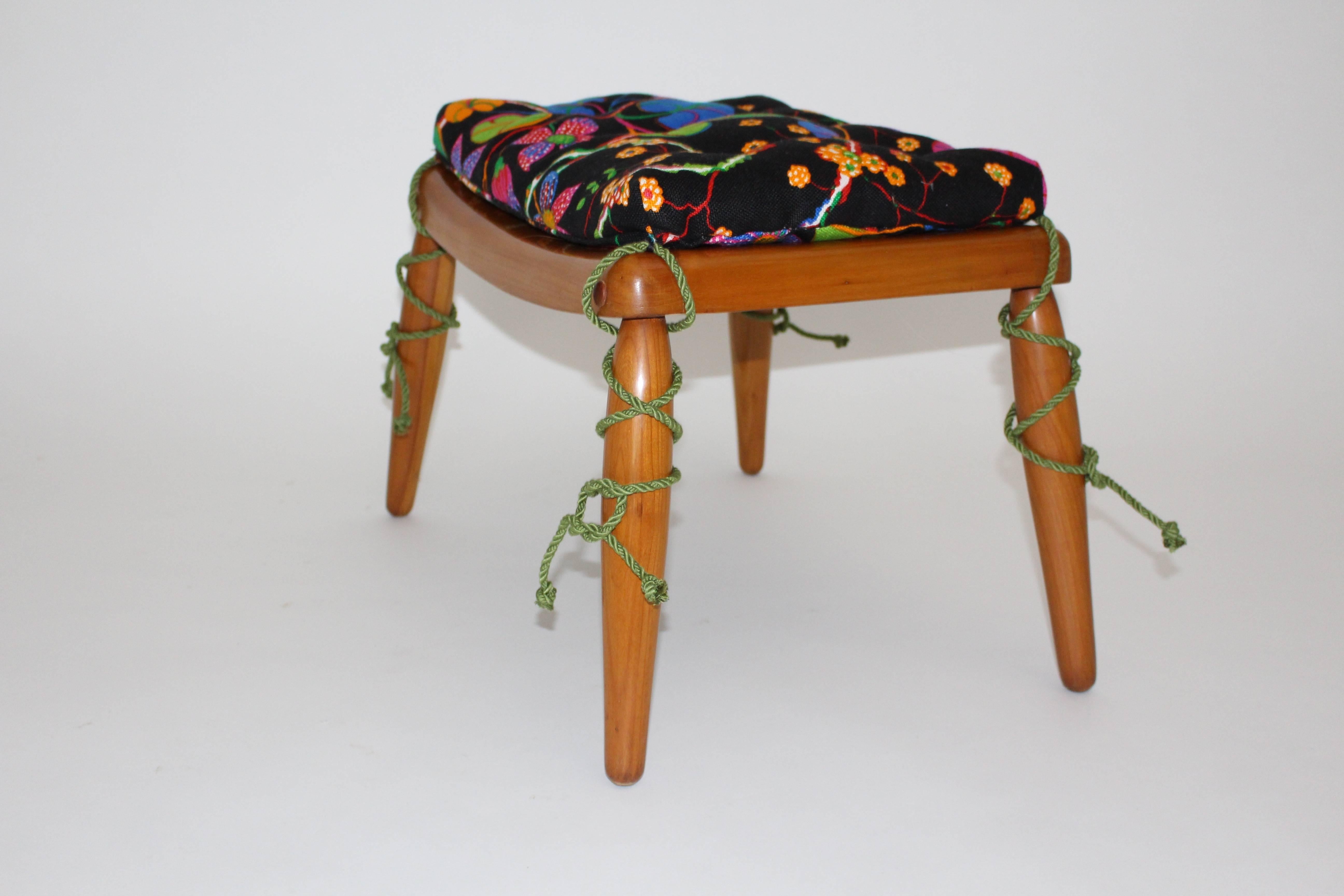 Mid-Century Modern Beechwood Vintage Stool Multicolored Josef Frank Cushion by Anna Lülja Praun For Sale