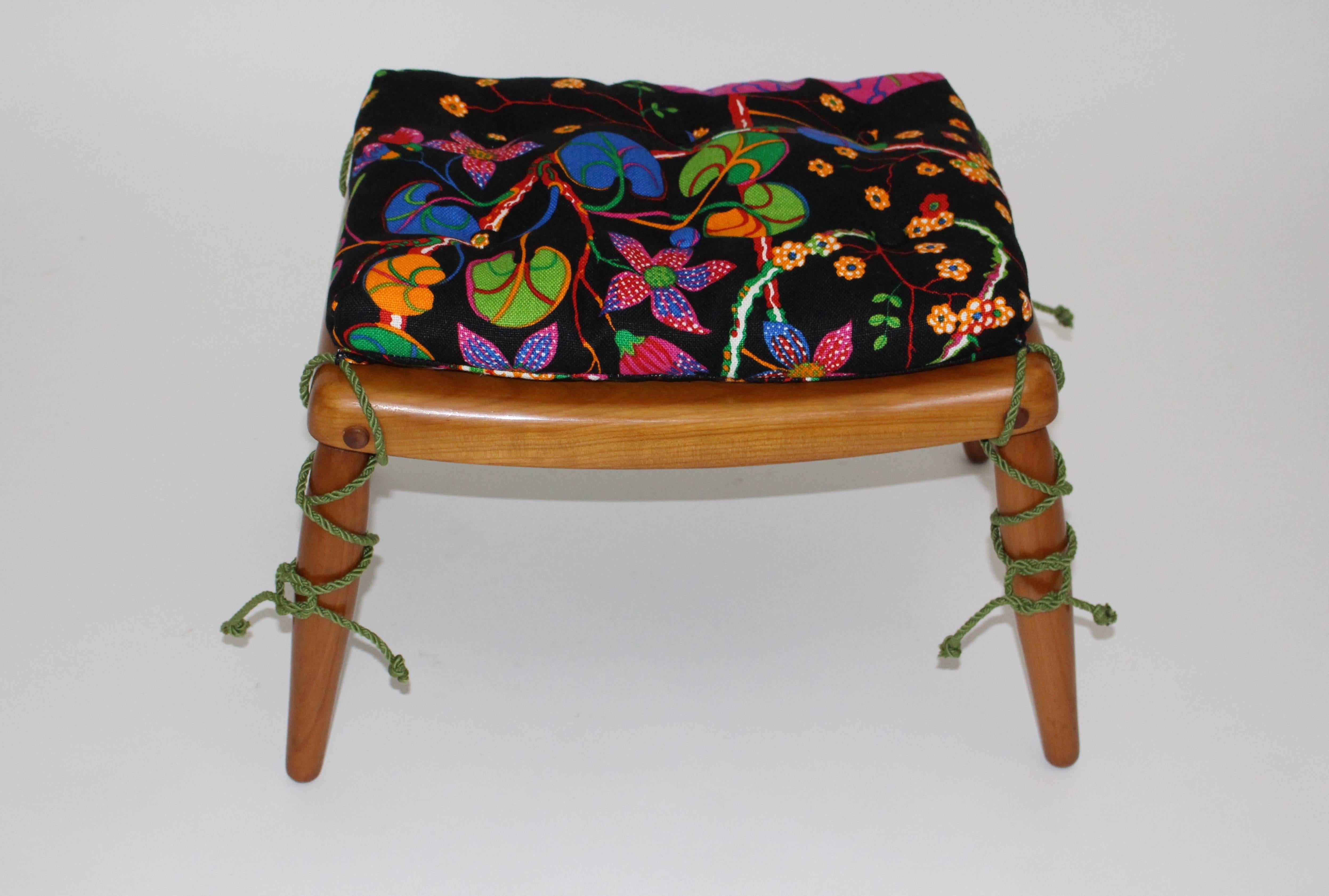 Austrian Beechwood Vintage Stool Multicolored Josef Frank Cushion by Anna Lülja Praun For Sale